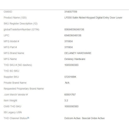 Delaney Hardware LP250 Satin Nickel Keypad Digital Entry Door Lever 311804